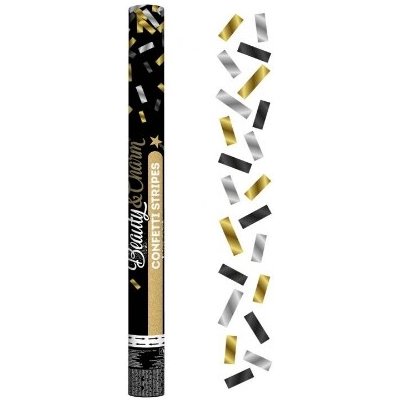 Vystřelovací konfety zlatá–stříbrná–černá, mix 60 cm – Sleviste.cz