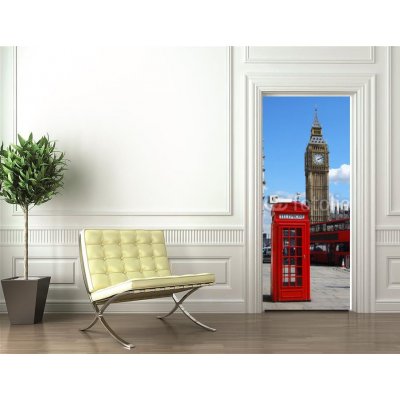 WEBLUX 78676038 Samolepka na dveře fólie Telephone box Telefonní schránka Big Ben a dvoupatrový autobus v Londýně rozměry 90 x 220 cm – Zbozi.Blesk.cz