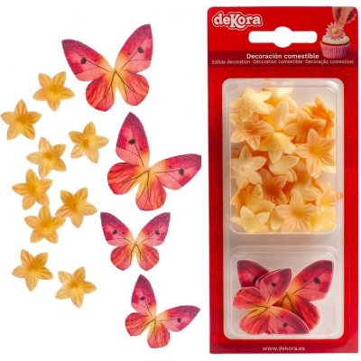Dekorace z jedlého papíru, sada, Žluté mini kytičky, Červení motýlci – Zboží Mobilmania