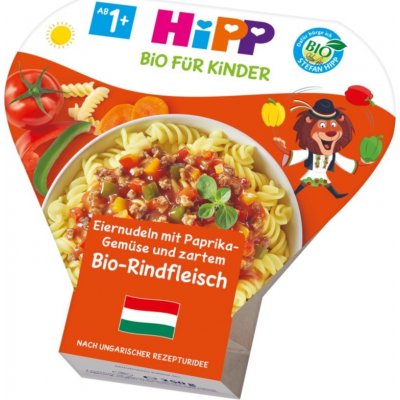 HiPP BIO Vaječné nudle s zeleninou a paprikou a jemným hovězím masem 250 g – Zboží Mobilmania