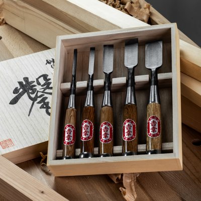 Sada japonských ručně kovaných truhlářských dlát FUJIKAWA Oire z Shirogami 2 White Paper Steel - dřevěný box - 5 kusů – Zboží Dáma