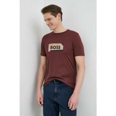 Boss bavlněné tričko s potiskem vínová