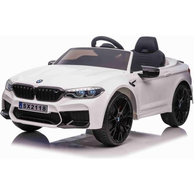 Beneo Elektrické autíčko BMW M5 24V Měkké EVA kola 2 x 24V Kapacita baterií 24V LED Světla 2,4 GHz dálkové ovládání MP3 Přehrávač Koženkové sedátko ORIGINÁL licence bílá – Zboží Mobilmania