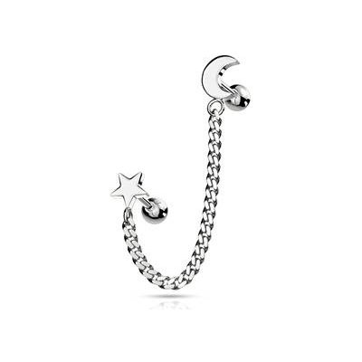 Šperky4U Cartilage piercing do ucha s řetízkem měsíc+hvězda CP1066-ST