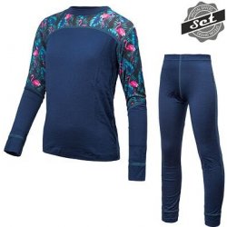 Sensor Merino Impress Set dětský triko dl.rukáv + spodky deep blue/floral modrá