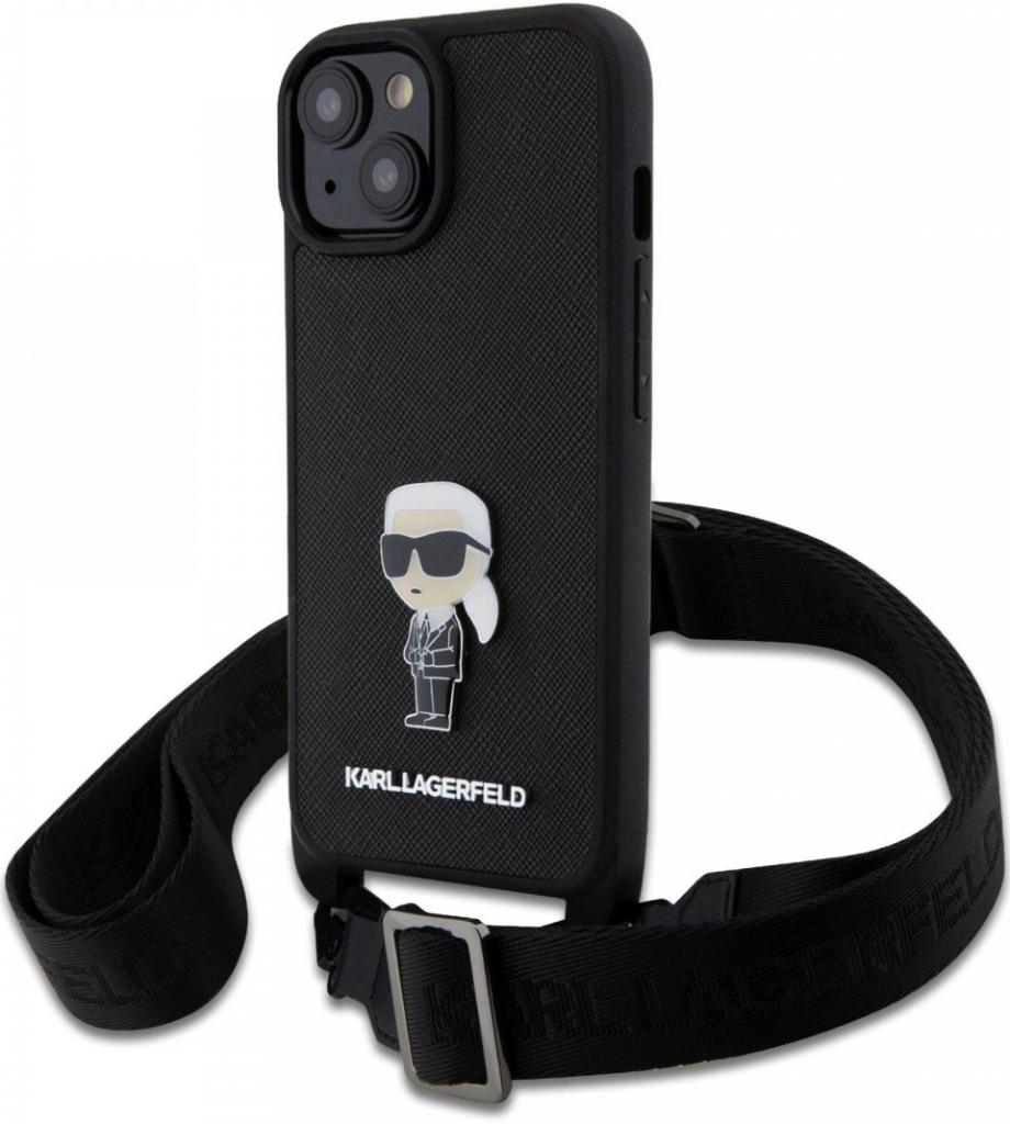 Pouzdro Karl Lagerfeld Saffiano Crossbody Metal Ikonik iPhone 15 Plus černé