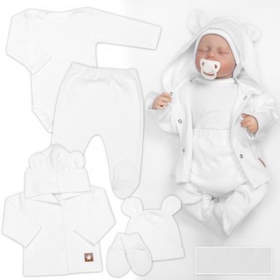 Žebrovaná sada Star 5D body polodupačky kabátek, čepička rukavice bílá – Zboží Dáma