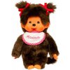 Plyšák Sekiguchi Figurka Monchhichi dívka s růžovými mašlemi a bílým bryndáčkem 20 cm