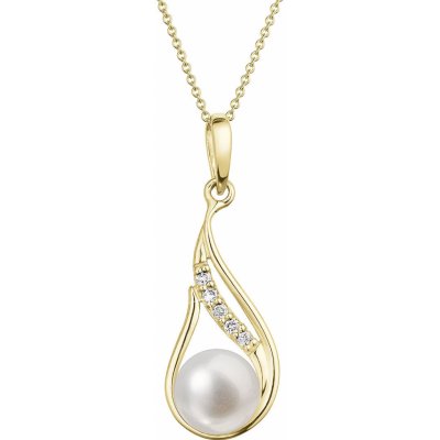 Evolution Group Zlatý 14 karátový náhrdelník slza s bílou říční perlou a brilianty 92PB00042 – Zboží Mobilmania