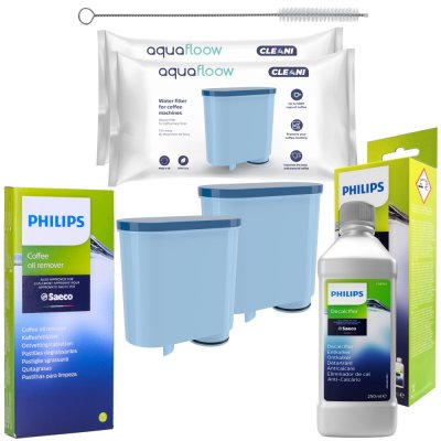Aquafloow Sada Philips/Saeco 2x vodní filtr AquaFloow, odstraňovač vodního kamene Philips CA6700, čisticí tablety Philips CA6704, čisticí hadřík