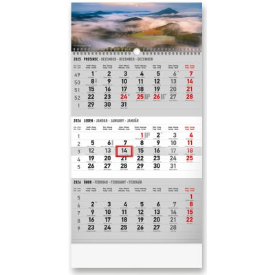 nástěnný 3měsíční Krajina šedý s českými jmény, 29,5 x 43 cm 2026 – Zboží Dáma