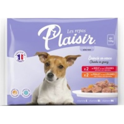 Plaisir dog Multipack pro dospělé psy 4 x 100 g 2 xhověží 2 xkuřecí