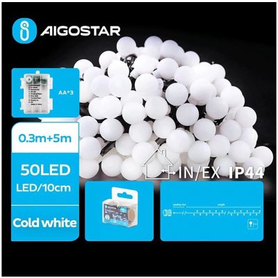 Aigostar B.V. Aigostar LED Venkovní řetěz 50xLED 3xAA 8 funkcí 5,3 m IP44 studená bílá AI1148 – Hledejceny.cz