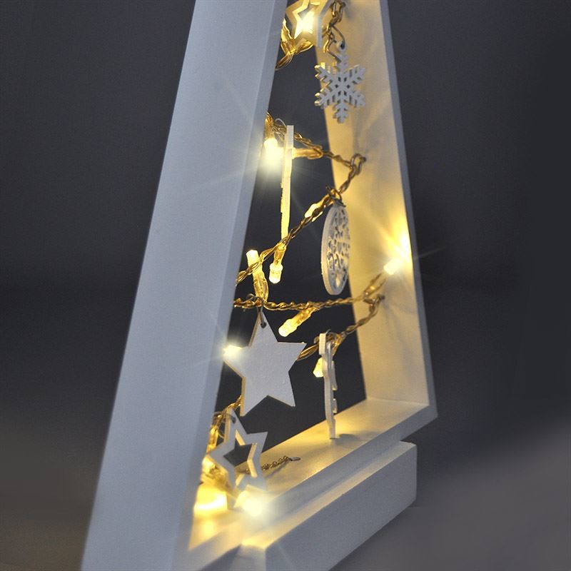 Solight LED dřevěný vánoční stromek s ozdobami 15LED přírodní dřevo 37cm 2x AA