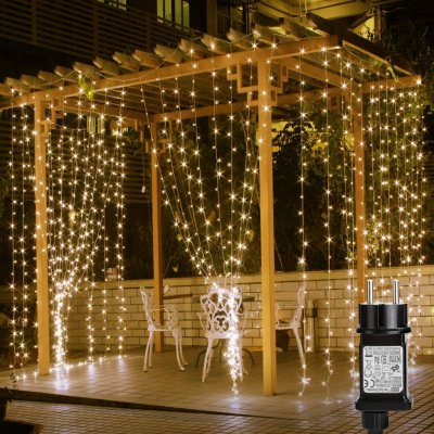 ROSNEK 3x3M LED světelný závěs 8 světelných režimů 31V teplá bílá světelný řetěz s časovačem a paměťovými funkcemi pro vnitřní venkovní zahradu vánoční party Deco