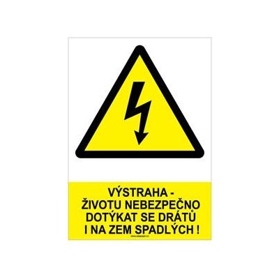 VÝSTRAHA - ŽIVOTU NEBEZPEČNO DOTÝKAT SE DRÁTŮ I NA ZEM SPADLÝCH - bezpečnostní tabulka, plast A4, 2 mm – Sleviste.cz