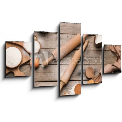 Obraz 5D pětidílný - 125 x 70 cm - Ingredients for cookies and rolling pins on wooden background Ingredience pro sušenky a válečky na dřevěné pozadí – Hledejceny.cz