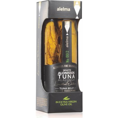 Alelma Fine Delikatessen Maso z břišní části tuňáka bílého v olivovém oleji s rozmarýnem z ostrova Alonissos 156 g – Zbozi.Blesk.cz