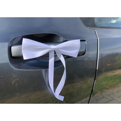 Svatba-eshop Saténová mašle bílá se stuhou k nalepení - dekorace na svatební auto – Zboží Dáma