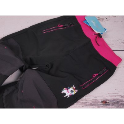 Kugo Funkční softshellové outdoor kalhoty oteplováky černé s růžovou fuchsiovou JEDNOROŽEC