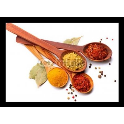 Obraz 1D - 100 x 70 cm - Spices and herbs. Curry, saffron, turmeric, cinnamon over white Koření a byliny. Kari, šafrán, kurkuma, skořice přes bílou – Zboží Mobilmania