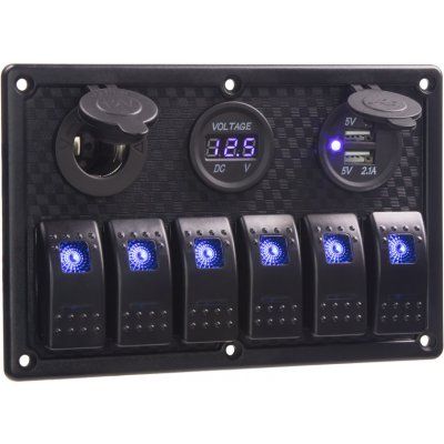 Panel s 6x spínači Rocker, voltmetr, CL + USB zásuvka, 12/24V – Zboží Mobilmania