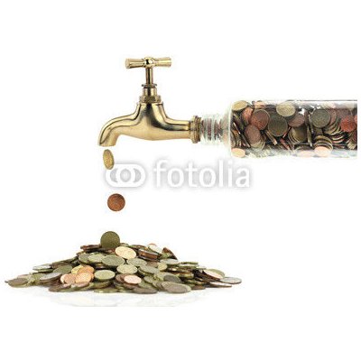 WEBLUX 41036554 Fototapeta papír Money coins fall out of the golden tap Peněžní mince vypadnou ze zlatého kohoutku rozměry 360 x 266 cm – Hledejceny.cz