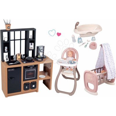 Smoby Set kuchyňka moderní Loft Industrial a kolébka pro panenku s jídelní židlí a vaničkou – Zboží Mobilmania