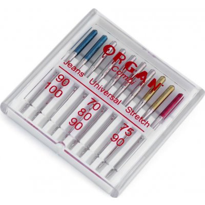 Strojové jehly sdružené Jeans 90;100, Universal 70;80;90, Stretch 75;90 Organ Varianta: nikl, Balení: 1 krab. – Hledejceny.cz