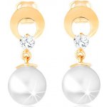 Šperky eshop zlaté náušnice kruh s výřezem a čirým diamantem visící bílá perla BT502.18