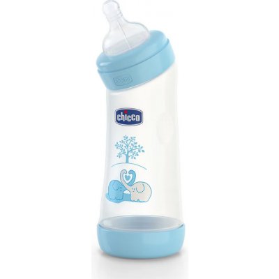 Chicco dojčenská plastová fľaša zahnutá bez BPA Well Being kaučuk cumlík modrá 250ml