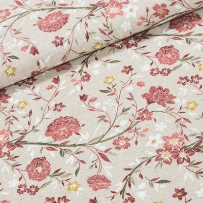 Směsové plátno EVA ČERVENÁ, květy na režné, š.140cm (látka v metráži) – Zboží Mobilmania
