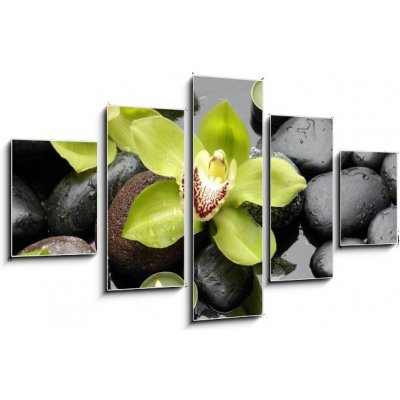 Obraz 5D pětidílný - 125 x 70 cm - therapy stones and orchid flower with water drops léčivé kameny a orchidejové květiny s vodními kapkami – Zboží Mobilmania