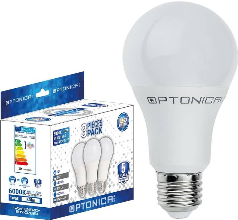 Optonica LED Plastic žárovka 3 Pieces Pack E27 A60 12W Neutrální bílá