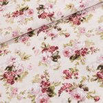 Směsové plátno ELIANA ROSE bílé a červené růže na béžové, š.140cm (látka v metráži) – Zboží Dáma