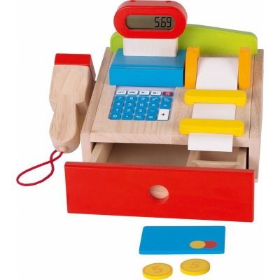 Goki dřevěná multifunkční pokladna se scannerem kreditní kartou kalkulačkou displejem – Zboží Mobilmania