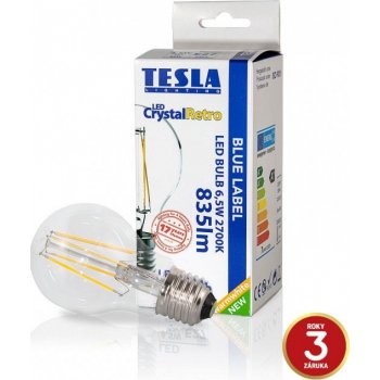 Tesla LED žárovka CRYSTAL RETRO BULB E27 6,5W 230V 835lm 2700K Teplá bílá 360° čirá