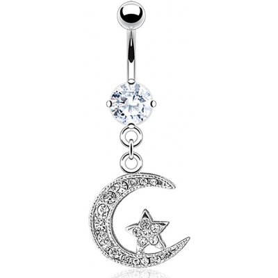 Šperky Eshop ocelový piercing do bříška cíp měsíce a hvězda čiré zirkony W11.19 – Hledejceny.cz