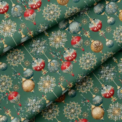 Vánoční bavlněná látka, metráž, šíře 160 cm, Vánoční Hračky na Zeleném – Zboží Dáma