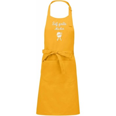 Zelenáčky Kuchyňská zástěra Šéf grilu s výšivkou jména na přání žlutá mustard S výšivkou na přání – Zboží Mobilmania