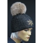R-Jet zimní pletená čepice s kožešinovou bambulí 305 černá se zlatým lurexem – Zboží Mobilmania