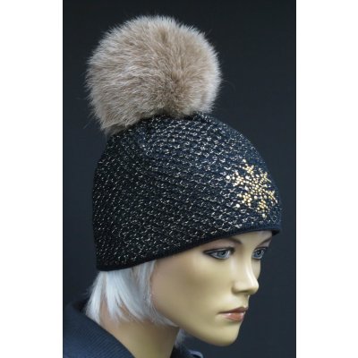R-Jet zimní pletená čepice s kožešinovou bambulí 305 černá se zlatým lurexem – Zboží Mobilmania