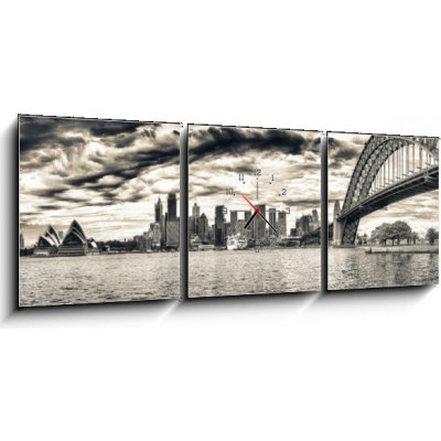 Obraz s hodinami 3D třídílný - 150 x 50 cm - Sydney Harbour Přístav Sydney