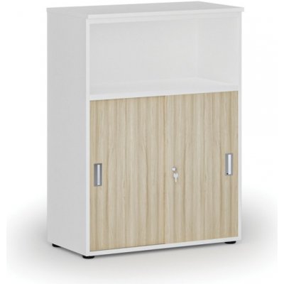 Primo Kombinovaná kancelářská skříň se zásuvnými dveřmi WHITE, 1087 x 800 x 420 mm, bílá/dub přírodní – Zboží Mobilmania