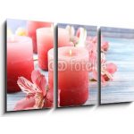Obraz 3D třídílný - 90 x 50 cm - Beautiful candles with flowers on wooden background Krásné svíčky s květinami na dřevěné pozadí – Zboží Mobilmania