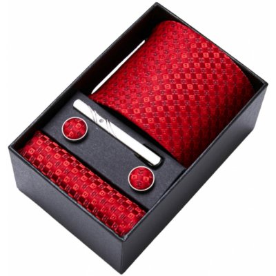 Dárková sada kravata kapesníček spona a manžetové knoflíčky A80 červená