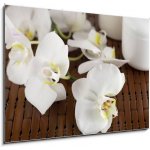 Obraz 1D - 100 x 70 cm - Face cream and white orchid on a bamboo mate Krém na obličej a bílá orchidej na bambusové kamarádce – Zboží Mobilmania
