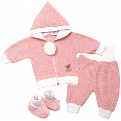 Baby Nellys 3-dílná souprava Hand made pletený kabátek kalhoty a botičky růžová