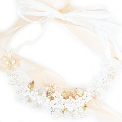 Zlatý věneček s květy lístky a perličkami krásný – Zboží Dáma