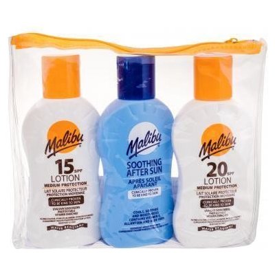 Malibu Lotion SPF20 voděodolná unisex mléko na opalování SPF20 100 ml + mléko na opalování SPF15 100 ml + mléko po opalování 100 ml dárková sada